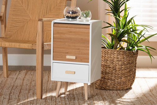 Nansen Mid-Century Modern Two-Tone White and Oak Brown Finished Wood and Bamboo 1-Drawer Nightstand 6182-Pine/Bamboo-NS