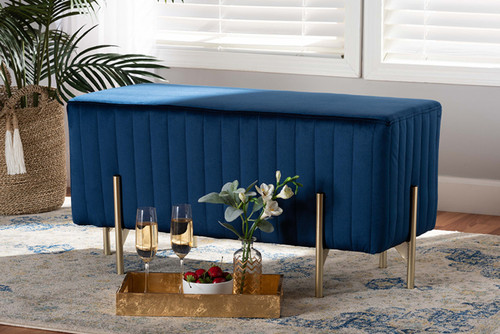 Helaine Contemporary Glam and Luxe Navy Blue Fabric Upholstered and Gold Metal Bench Ottoman FZD200124-Navy Blue-Bench