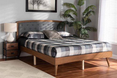 Ratana Mid-Century Modern Transitional Grey Fabric Upholstered and Walnut Brown Finished Wood Queen Size Platform Bed MG0020-4S-Dark Grey/Walnut-Queen