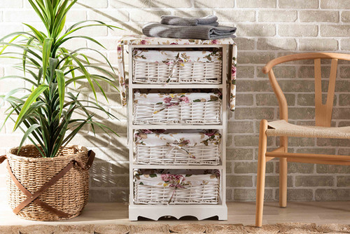 Lacole Modern and Contemporary Multi-Colored Fabric Upholstered and White Finished Wood Drop Leaf Ironing Board Cabinet with Woven Storage Baskets TLM1848-White/Floral-4 Baskets