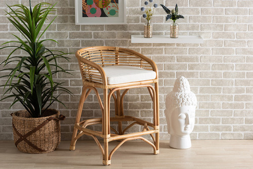 Maverick Modern Bohemian White Fabric Upholstered And Natural Brown Rattan Counter Stool Maverick-Rattan-CS