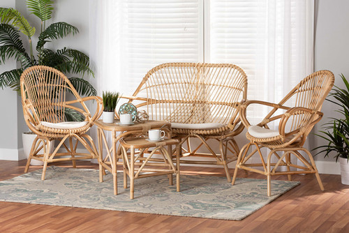 Jayden Modern Bohemian White Fabric Upholstered And Natural Brown Finished Rattan 5-Piece Living Room Set Jayden-Rattan-5PC Living Room Set