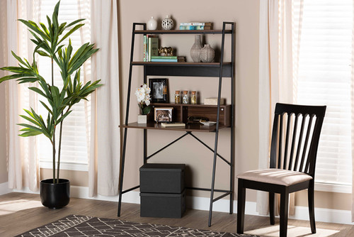 Palmira Modern Industrial Walnut Brown Finished Wood And Black Metal Desk With Shelves LCF20379B-Desk