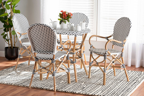 Naila Classic French Black And White Plastic And Natural Brown Rattan 5-Piece Dining Set Mies-Rattan-5PC Dining Set