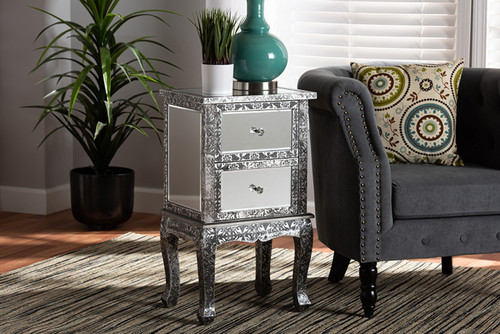 Wycliff Industrial Glam And Luxe Silver Finished Metal And Mirrored Glass 2-Drawer Nightstand JY20B138-Silver-2DW-NS