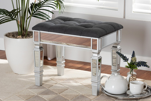 Hedia Contemporary Glam And Luxe Grey Fabric Upholstered And Silver Finished Wood Ottoman JY20B216S-Grey-Ottoman