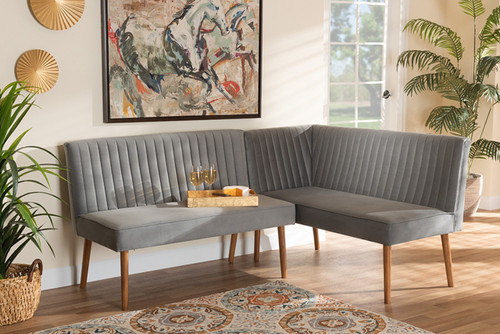 Alvis Mid-Century Modern Grey Velvet Upholstered and Walnut Brown Finished Wood 2-Piece Dining Nook Banquette Set BBT8063-Grey Velvet/Walnut-2PC SF Bench