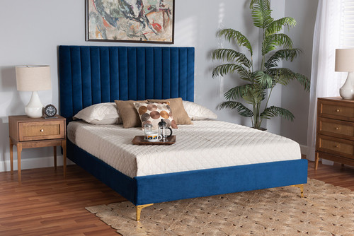 Serrano Contemporary Glam and Luxe Navy Blue Velvet Fabric Upholstered and Gold Metal Queen Size Platform Bed BBT61079.11-Navy Blue Velvet/Gold-Queen