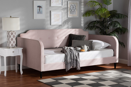 Kaya Modern and Contemporary Light Pink Velvet Fabric and Dark Brown Finished Wood Full Size Daybed DV20801-Light Pink Velvet Daybed-Full