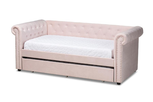 Mabelle Modern And Contemporary Light Pink Velvet Upholstered Daybed With Trundle Ashley-Light Pink-Daybed