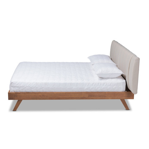 Brita Mid-Century Modern Light Beige Fabric Upholstered Walnut Finished Wood King Size Bed BBT6808-Light Beige/Walnut-King