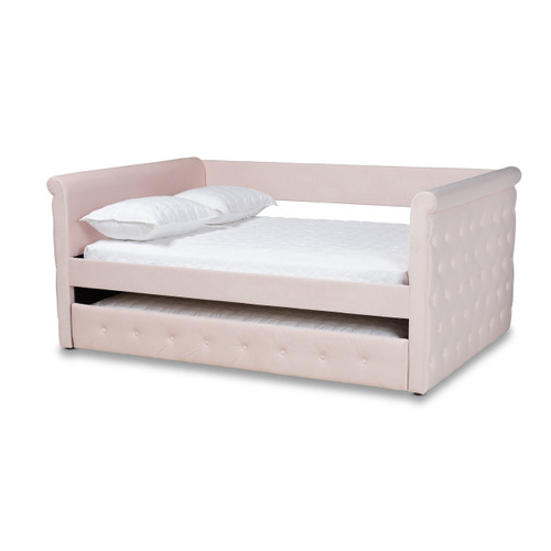 Amaya Modern And Contemporary Light Pink Velvet Fabric Upholstered Queen Size Daybed With Trundle CF8825-Light Pink-Daybed-Q/T