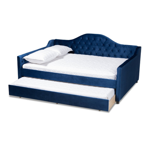 Perry Modern And Contemporary Royal Blue Velvet Fabric Upholstered And Button Tufted Full Size Daybed With Trundle CF8940-Navy Blue-Daybed-F/T