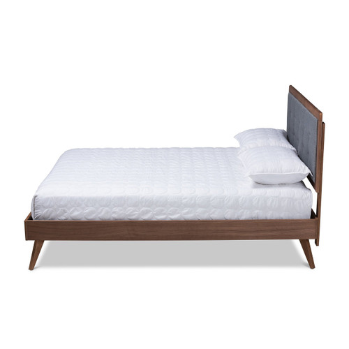 Ines Mid-Century Modern Dark Grey Fabric Upholstered Walnut Brown Finished Wood Full Size Platform Bed Ines-Dark Grey/Ash Walnut-Full