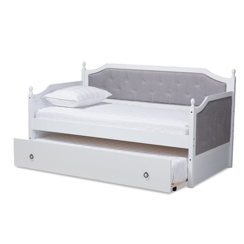 Mara Classic And Traditional Grey Fabric Upholstered White Finished Wood Twin Size Daybed With Trundle MG0014-Grey/White-Daybed