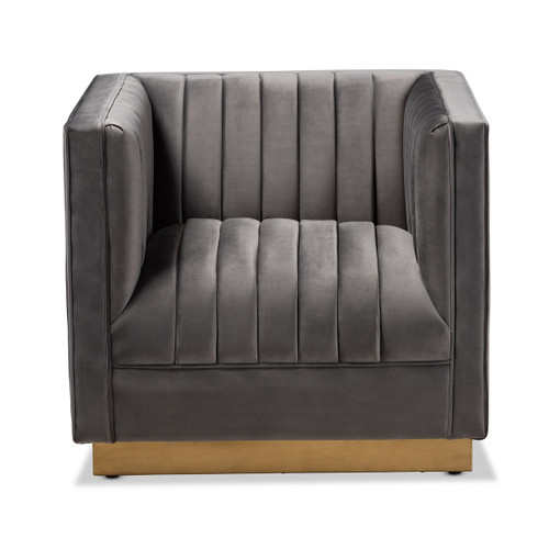 Aveline Glam And Luxe Grey Velvet Fabric Upholstered Brushed Gold Finished Armchair TSF-BAX66111-Grey/Gold-CC
