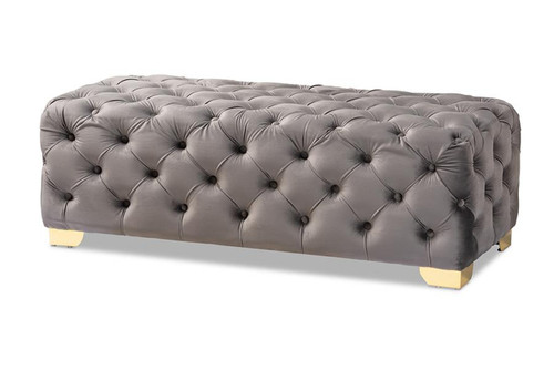 Avara Glam And Luxe Gray Velvet Fabric Upholstered Gold Finished Button Tufted Bench Ottoman TSFOT028-Slate Grey/Gold-Otto