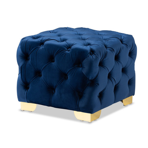 Avara Glam And Luxe Royal Blue Velvet Fabric Upholstered Gold Finished Button Tufted Ottoman TSFOT029-Dark Royal Blue/Gold-Otto