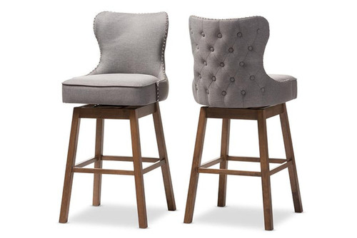 Gradisca Modern and Contemporary Brown Wood Finishing and Grey Fabric Button-Tufted Upholstered 2-Piece Swivel Barstool Set BBT5246B-BS-Grey-XD45