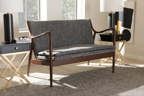 Walnut Wood Grey Fabric Upholstered 2-Seater Loveseat LB886-Grey-LS