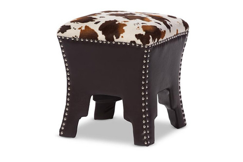 Sally Cow-Print Patterned Fabric Faux Leather Accent Stool WS-B1212-Brown