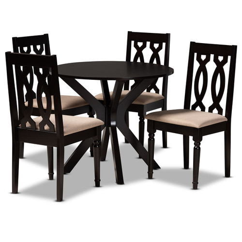 Callie Modern And Contemporary Sand Fabric Upholstered And Dark Brown Finished Wood 5-Piece Dining Set Callie-Sand/Dark Brown-5PC Dining Set