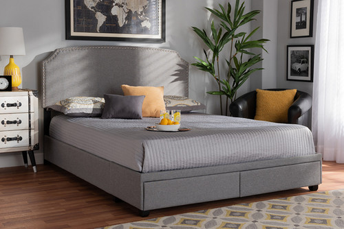 Larese Light Grey Fabric Upholstered 2-Drawer King Size Platform Storage Bed Larese-Grey-King