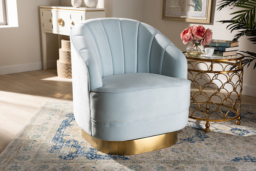 Fiore Glam And Luxe Light Blue Velvet Fabric Upholstered Brushed Gold Finished Swivel Accent Chair TSF-6642-Light Blue/Gold-CC