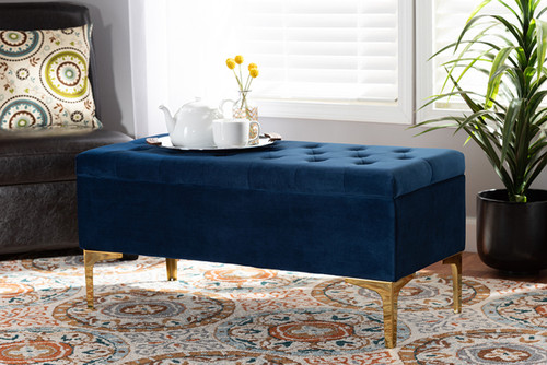 Valere Glam And Luxe Navy Blue Velvet Fabric Upholstered Gold Finished Button Tufted Storage Ottoman WS-H68-GD-Navy Blue Velvet/Gold-Otto