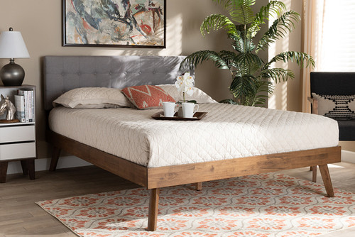 Devan Mid-Century Modern Light Grey Fabric Upholstered Walnut Brown Finished Wood King Size Platform Bed SW8168-Light Grey/Walnut-M17-King