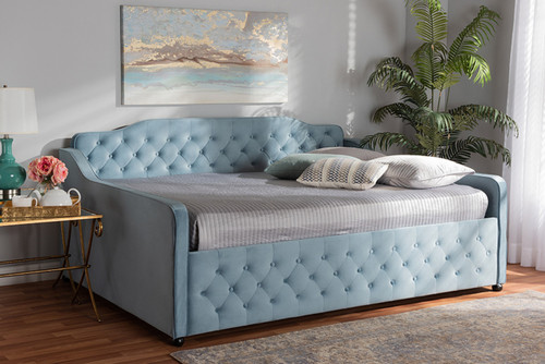 Freda Transitional And Contemporary Light Blue Velvet Fabric Upholstered And Button Tufted Queen Size Daybed Freda-Light Blue Velvet-Daybed-Queen