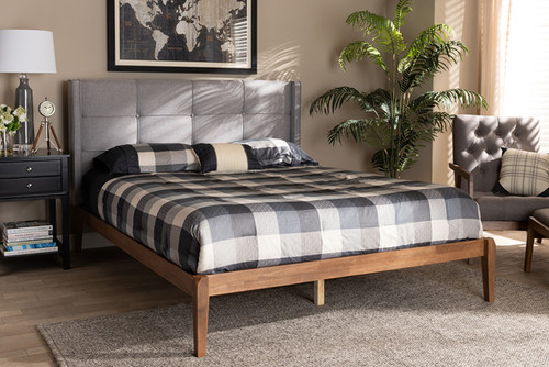 Edmond Modern And Contemporary Grey Fabric Upholstered And Ash Walnut Brown Finished Wood Full Size Platform Bed MG0019-Grey/Ash Walnut-Full