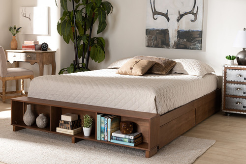 Arthur Modern Rustic Ash Walnut Brown Finished Wood King Size Platform Bed With Built-In Shelves MG6001-1S-Ash Walnut-4DW-King