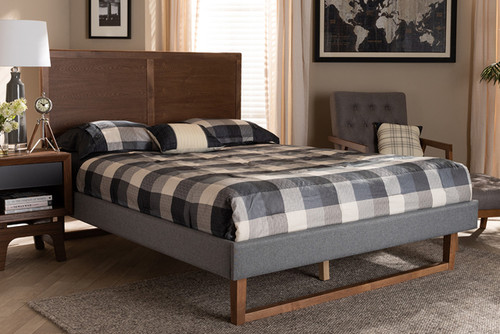 Allegra Mid-Century Modern Dark Grey Fabric Upholstered And Ash Walnut Brown Finished Wood Queen Size Platform Bed Allegra-Dark Grey/Ash Walnut-Queen
