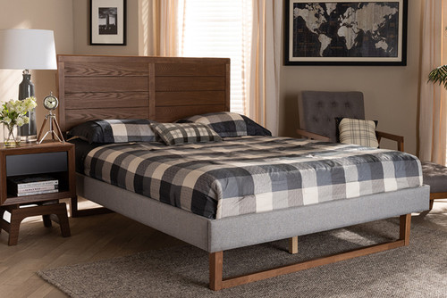 Claudia Rustic Modern Light Grey Fabric Upholstered And Walnut Brown Finished Wood Full Size Platform Bed Claudia-Light Grey/Ash Walnut-Full
