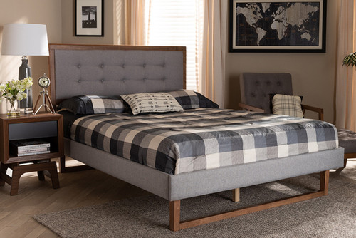 Livinia Modern Transitional Light Grey Fabric Upholstered And Ash Walnut Brown Finished Wood Full Size Platform Bed Livinia-Light Grey/Ash Walnut-Full