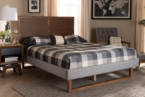 Eloise Rustic Modern Light Grey Fabric Upholstered And Ash Walnut Brown Finished Wood Queen Size Platform Bed Eloise-Light Grey/Ash Walnut-Queen