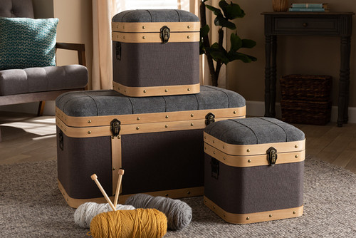 Clarence Modern And Contemporary Transitional Dark Grey And Dark Brown Fabric Upholstered Oak Brown Finished 3-Piece Storage Ottoman Trunk Set R87R521-3PC Trunk Set