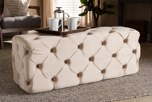 Jasmine Modern Contemporary Glam And Luxe Beige Velvet Fabric Upholstered Button Tufted Bench Ottoman LD19A119-1-Beige Velvet-Otto