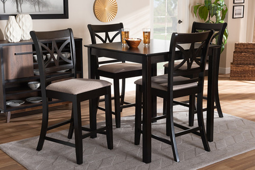 Chandler Modern And Contemporary Sand Fabric Upholstered And Espresso Brown Finished Wood 5-Piece Counter Height Pub Dining Set RH329P-Sand/Dark Brown-5PC Pub Set