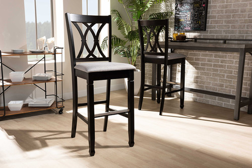 Calista Modern And Contemporary Grey Fabric Upholstered And Espresso Brown Finished Wood 2-Piece Bar Stool Set RH316B-Grey/Dark Brown-BS