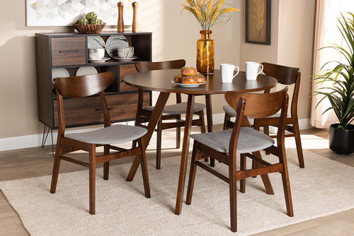 Philip Mid-Century Modern Transitional Light Grey Fabric Upholstered And Walnut Brown Finished Wood 5-Piece Dining Set Parlin/Hexa-Smoke/Walnut-5PC Dining Set