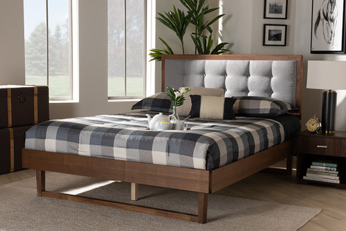 Viviana Modern And Contemporary Light Grey Fabric Upholstered And Ash Walnut Finished Wood King Size Platform Bed Viviana-Light Grey/Ash Walnut-King