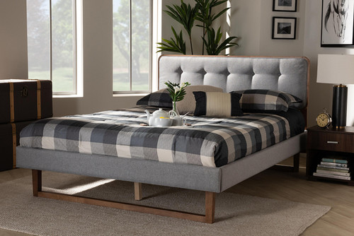 Sofia Mid-Century Modern Light Grey Fabric Upholstered And Ash Walnut Finished Wood Queen Size Platform Bed Sofia-Light Grey/Ash Walnut-Queen