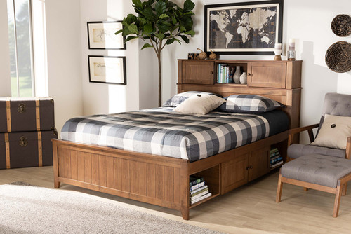 Riko Modern And Contemporary Transitional Walnut Brown Finished Wood Queen Size Platform Storage Bed MG0029-Walnut-Queen