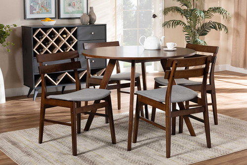 Eiko Mid-Century Modern Transitional Light Grey Fabric Upholstered And Walnut Brown Finished Wood 5-Piece Dining Set Delvin/Hexa-Smoke/Walnut-5PC Dining Set