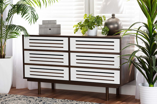 Meike Mid-Century Modern Two-Tone Walnut Brown And White Finished Wood 6-Drawer Dresser LV14COD14232WI-Columbia/White-6DW-Dresser