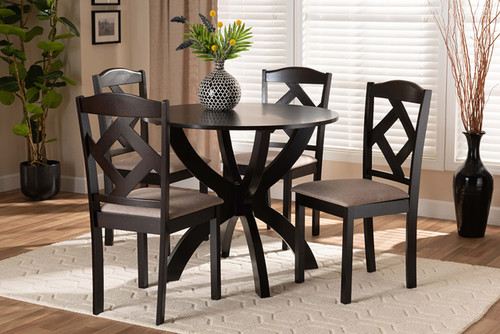 Quinlan Modern And Contemporary Sand Fabric Upholstered And Dark Brown Finished Wood 5-Piece Dining Set Quinlan-Dark Brown/Sand-5PC Dining Set