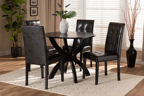 Elira Modern And Contemporary Dark Brown Faux Leather Upholstered And Dark Brown Finished Wood 5-Piece Dining Set Elira-Dark Brown-5PC Dining Set