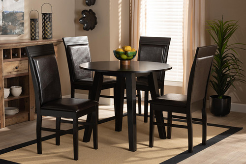 Miya Modern And Contemporary Dark Brown Faux Leather Upholstered And Dark Brown Finished Wood 5-Piece Dining Set Miya-Dark Brown-5PC Dining Set